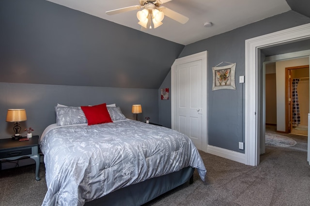 311 Prairie St, Lake City, MN 55041 - carpeted bedroom featuring ceiling fan, vaulted ceiling, and baseboards