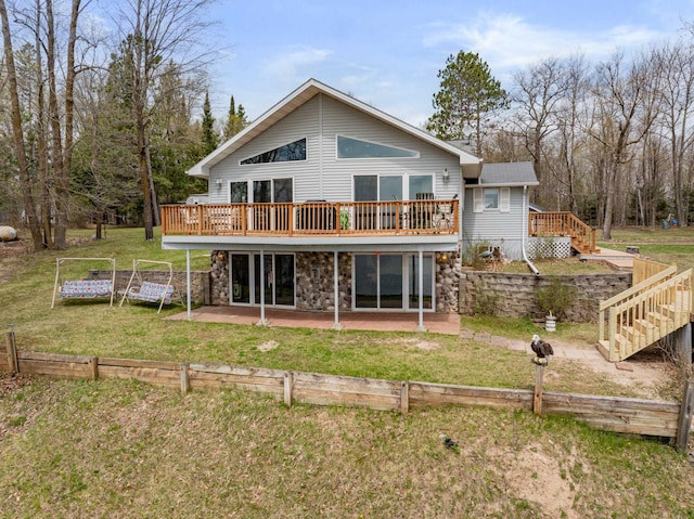 16227 Bay Dr, Pengilly, MN 55775 - rear view of property with a patio, stairway, a wooden deck, and stone siding