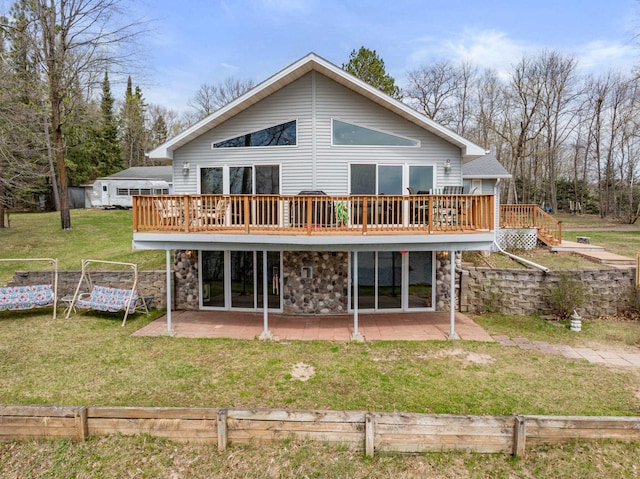 16227 Bay Dr, Pengilly, MN 55775 - back of house featuring a patio area, a wooden deck, and stone siding