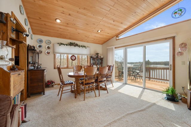 16227 Bay Dr, Pengilly, MN 55775 - dining area with wooden ceiling, carpet floors, lofted ceiling, healthy amount of natural light, and recessed lighting