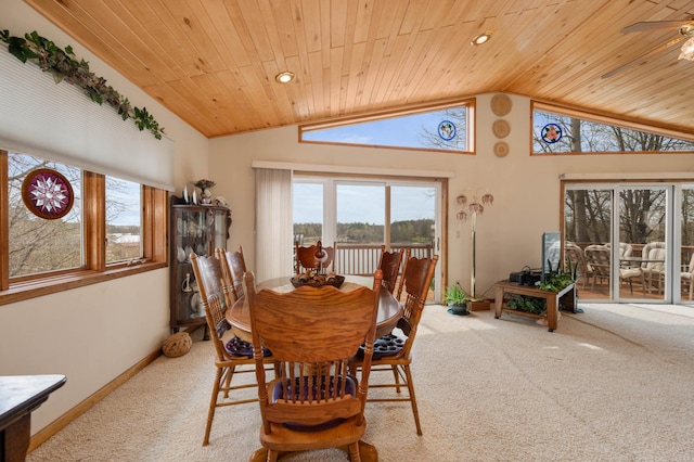 16227 Bay Dr, Pengilly, MN 55775 - dining space with vaulted ceiling, carpet floors, wooden ceiling, baseboards, and recessed lighting