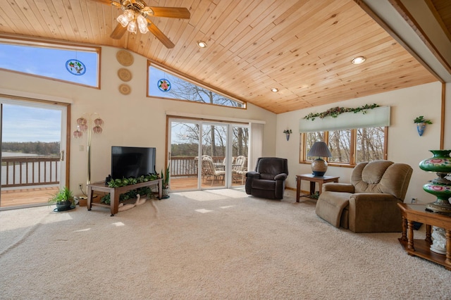 16227 Bay Dr, Pengilly, MN 55775 - living area with carpet flooring, wood ceiling, a ceiling fan, high vaulted ceiling, and recessed lighting