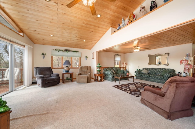16227 Bay Dr, Pengilly, MN 55775 - carpeted living area with ceiling fan, wood ceiling, vaulted ceiling, and recessed lighting