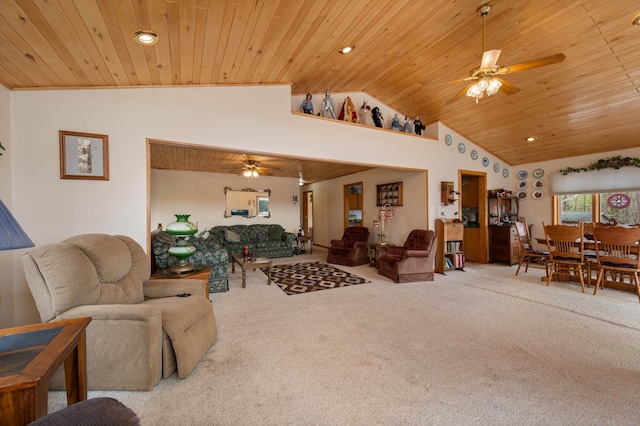 16227 Bay Dr, Pengilly, MN 55775 - carpeted living area featuring ceiling fan, vaulted ceiling, wood ceiling, and recessed lighting