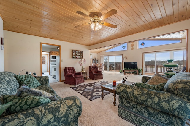16227 Bay Dr, Pengilly, MN 55775 - living area featuring carpet flooring, wooden ceiling, and a ceiling fan