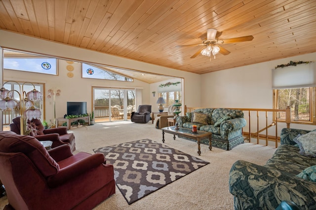 16227 Bay Dr, Pengilly, MN 55775 - living room with carpet floors, healthy amount of natural light, wooden ceiling, ceiling fan, and lofted ceiling