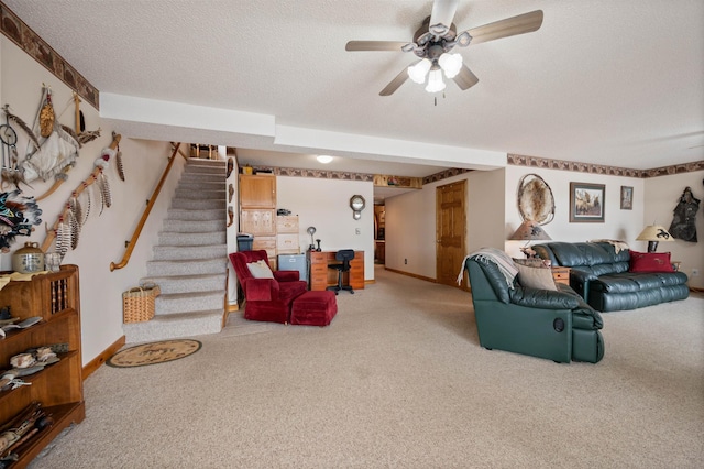 16227 Bay Dr, Pengilly, MN 55775 - living room with carpet flooring, stairway, baseboards, and a textured ceiling