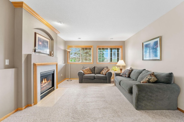 living area featuring baseboards, carpet flooring, and a fireplace
