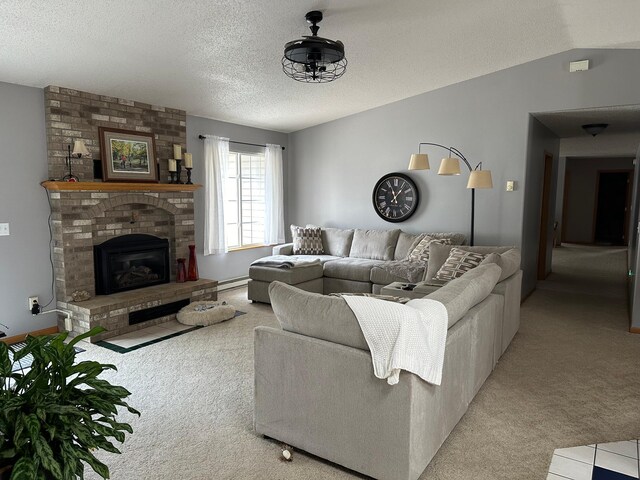 carpeted living area with a baseboard heating unit, a fireplace, and a textured ceiling