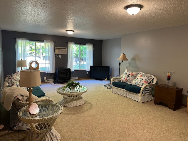 living area featuring carpet floors, a textured ceiling, baseboard heating, a wall mounted AC, and a wood stove