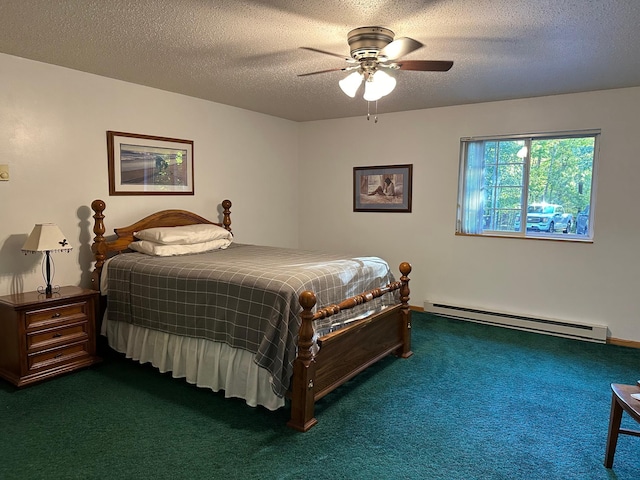 carpeted bedroom with a baseboard heating unit, a textured ceiling, and ceiling fan