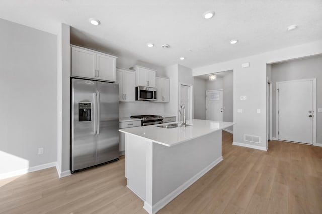kitchen featuring light wood finished floors, an island with sink, visible vents, a sink, and appliances with stainless steel finishes