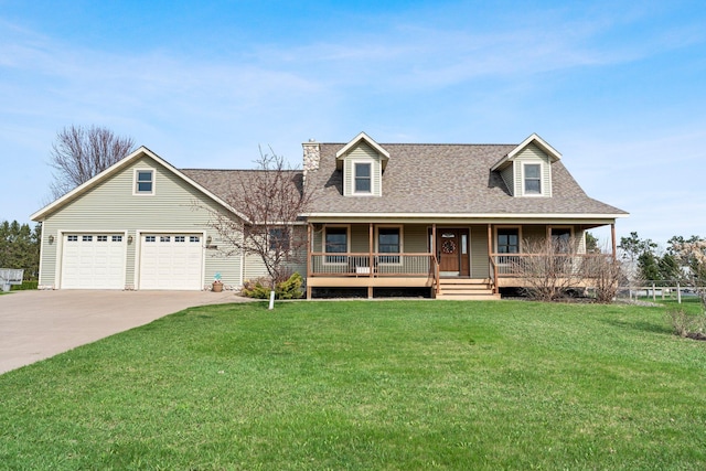 view of front of house featuring a porch, roof with shingles, driveway, and a front yard