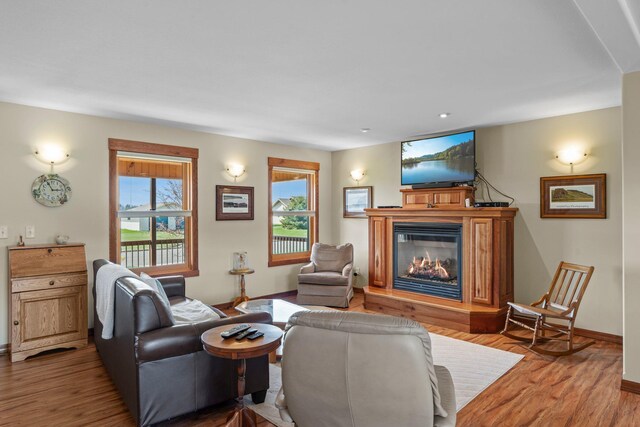 living room with baseboards, a glass covered fireplace, and wood finished floors