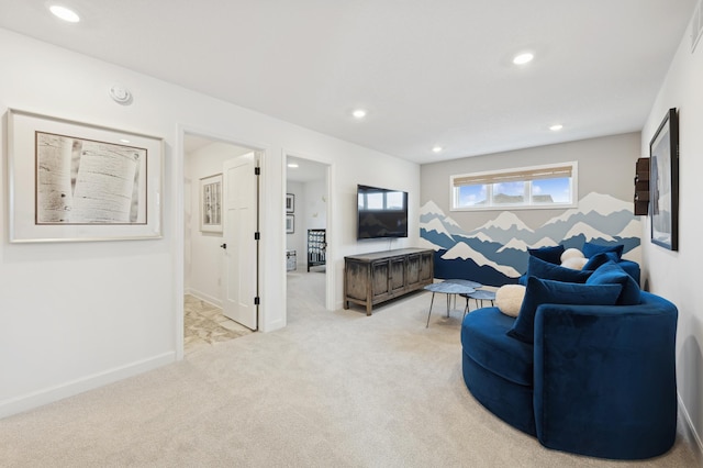sitting room with baseboards, light carpet, visible vents, and recessed lighting