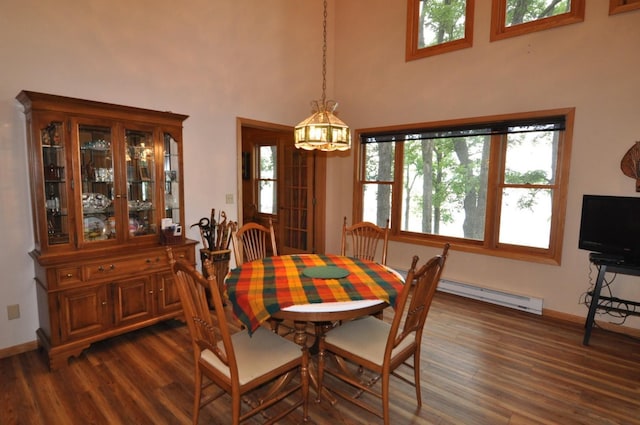 10179 Mounds Point Dr NW, Leech Lake Twp, MN 56633 - dining room featuring dark wood-style floors, a chandelier, a high ceiling, and a baseboard radiator