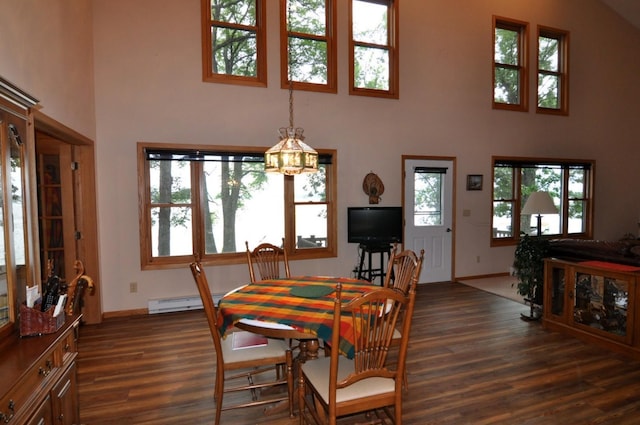 10179 Mounds Point Dr NW, Leech Lake Twp, MN 56633 - dining room with a high ceiling, dark wood-type flooring, a baseboard radiator, and plenty of natural light