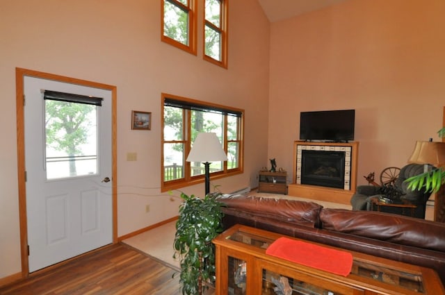 10179 Mounds Point Dr NW, Leech Lake Twp, MN 56633 - living area featuring wood finished floors, a tile fireplace, a high ceiling, and a baseboard radiator