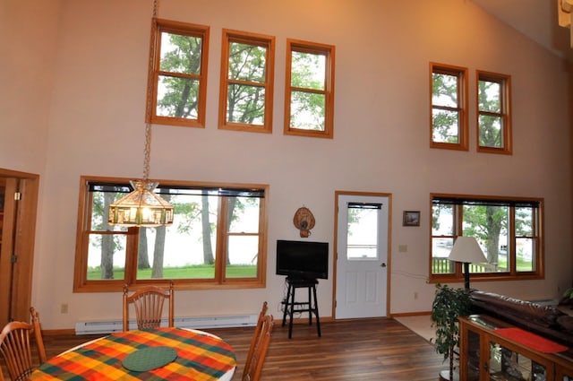 10179 Mounds Point Dr NW, Leech Lake Twp, MN 56633 - dining room featuring a high ceiling, wood finished floors, and baseboard heating