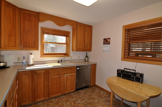 10179 Mounds Point Dr NW, Leech Lake Twp, MN 56633 - kitchen featuring stainless steel dishwasher, brown cabinetry, and light countertops