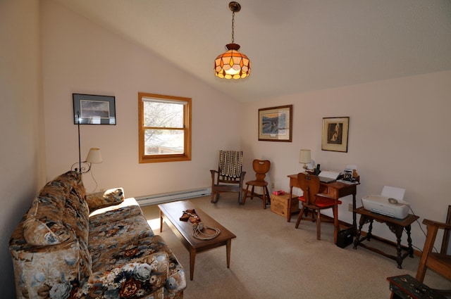 10179 Mounds Point Dr NW, Leech Lake Twp, MN 56633 - living room with a baseboard heating unit, lofted ceiling, and carpet floors