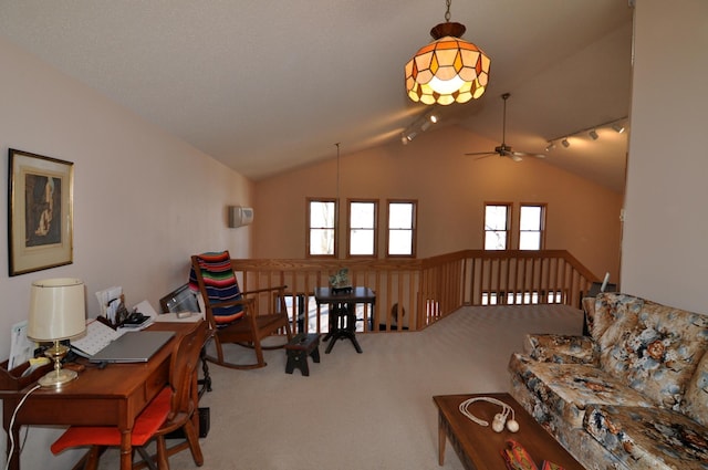 10179 Mounds Point Dr NW, Leech Lake Twp, MN 56633 - living room with track lighting, vaulted ceiling, carpet flooring, healthy amount of natural light, and a ceiling fan