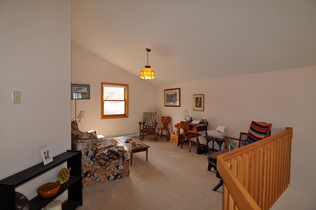 10179 Mounds Point Dr NW, Leech Lake Twp, MN 56633 - sitting room featuring carpet, vaulted ceiling, and a baseboard heating unit