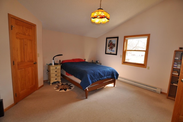 10179 Mounds Point Dr NW, Leech Lake Twp, MN 56633 - bedroom featuring a baseboard radiator, vaulted ceiling, and carpet