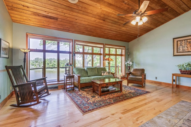 970 Brave Dr, Somerset, WI 54025 - living area featuring vaulted ceiling, wood ceiling, hardwood / wood-style floors, healthy amount of natural light, and ceiling fan