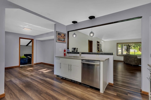2021 6th St SW, Willmar, MN 56201 - kitchen with stainless steel dishwasher, a sink, dark wood finished floors, and open floor plan