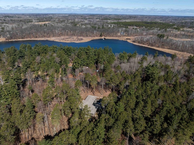 drone / aerial view featuring a water view and a view of trees