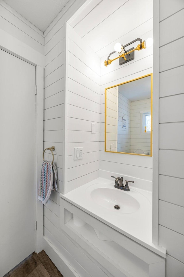bathroom featuring wood walls, wood finished floors, and vanity