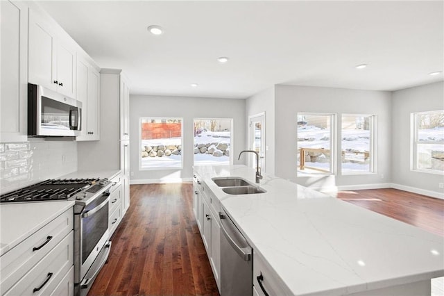 kitchen featuring tasteful backsplash, a sink, an island with sink, dark wood-style floors, and stainless steel appliances