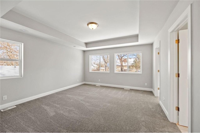 unfurnished bedroom with a raised ceiling, visible vents, baseboards, and carpet floors