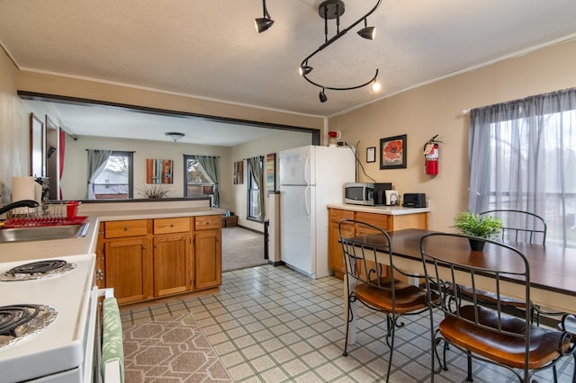 314 High St, Lake City, MN 55041 - kitchen with brown cabinets, light countertops, a sink, stainless steel microwave, and freestanding refrigerator