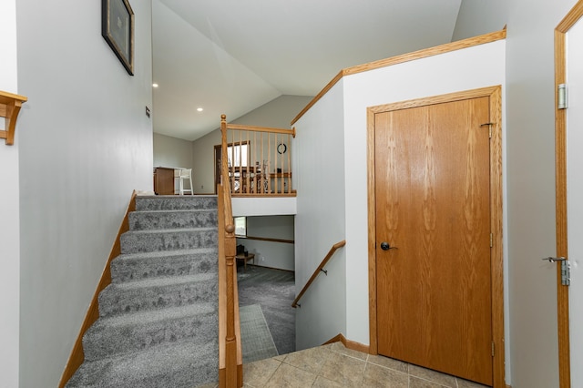 506 6th Pl NE, Byron, MN 55920 - stairs featuring carpet floors, tile patterned floors, recessed lighting, baseboards, and lofted ceiling