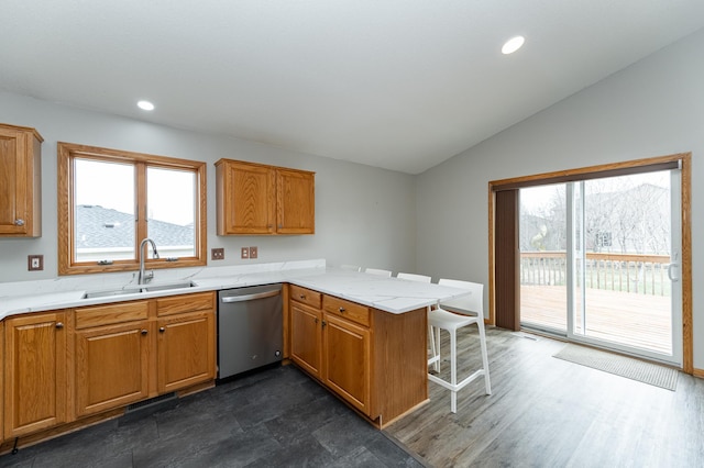 506 6th Pl NE, Byron, MN 55920 - kitchen with stainless steel dishwasher, vaulted ceiling, a sink, a peninsula, and a wealth of natural light