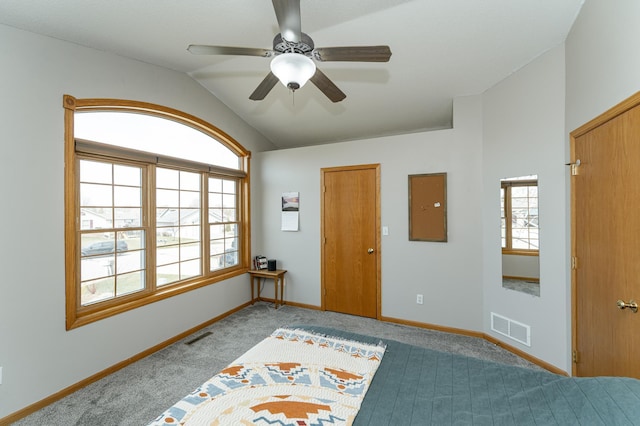 506 6th Pl NE, Byron, MN 55920 - interior space with ceiling fan, visible vents, vaulted ceiling, baseboards, and carpet flooring
