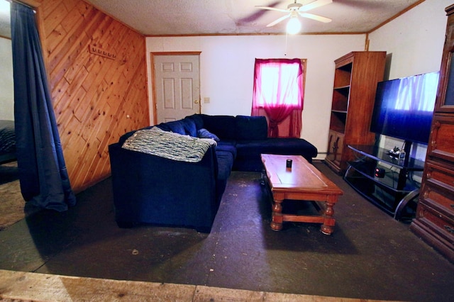 23585 Cross Dr, Deerwood, MN 56444 - living room with ceiling fan and wooden walls