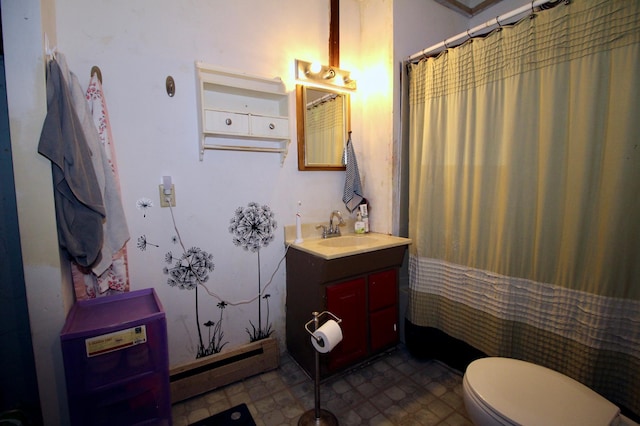 23585 Cross Dr, Deerwood, MN 56444 - bathroom with a baseboard radiator, toilet, vanity, tile patterned floors, and a shower with shower curtain