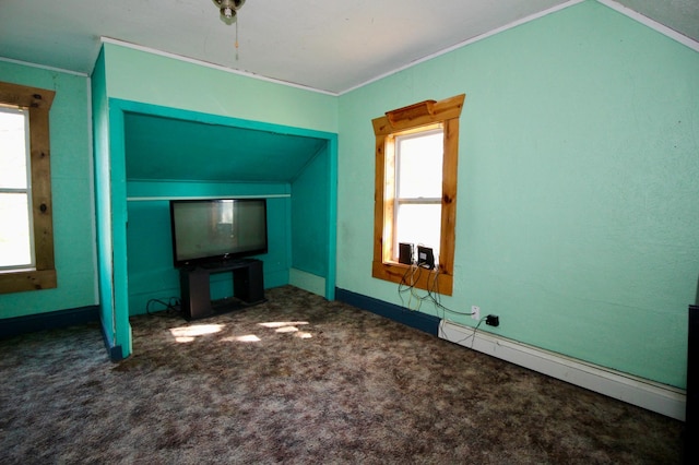 23585 Cross Dr, Deerwood, MN 56444 - unfurnished living room with carpet, healthy amount of natural light, lofted ceiling, and crown molding
