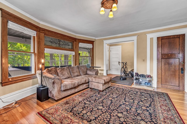 living room with baseboards, ornamental molding, and wood finished floors