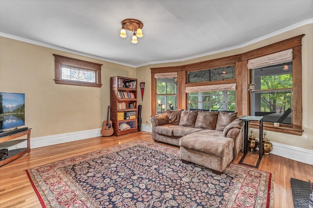 living room featuring ornamental molding, wood finished floors, and a wealth of natural light