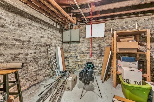 unfinished basement featuring electric panel