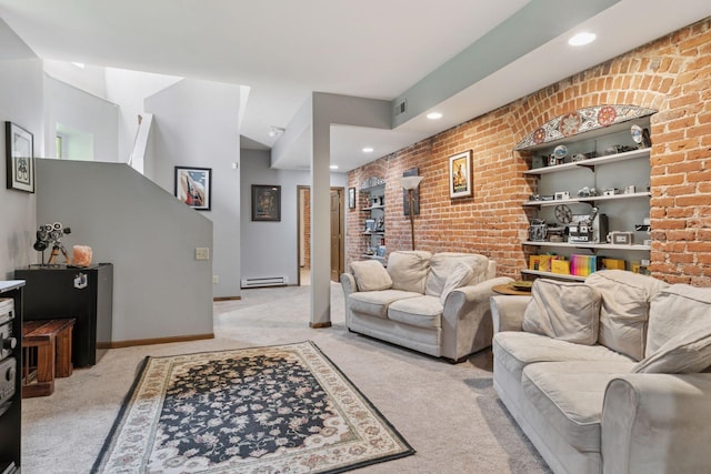 231 Arundel St Unit 1, Saint Paul, MN 55102 - living area with light colored carpet, brick wall, a baseboard radiator, and recessed lighting