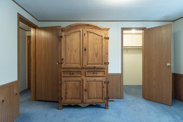 bedroom featuring a spacious closet, a wainscoted wall, and light colored carpet
