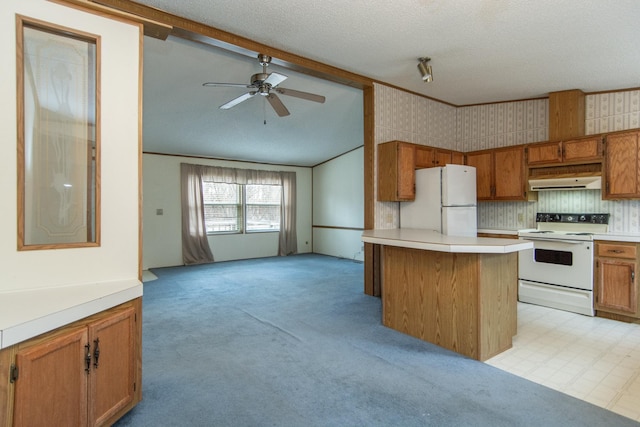 kitchen featuring vaulted ceiling with beams, a ceiling fan, white appliances, exhaust hood, and light countertops