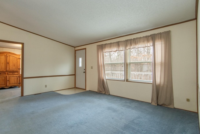 spare room featuring light carpet, ornamental molding, and a textured ceiling