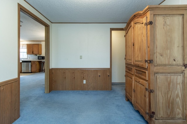 empty room featuring a textured ceiling, a wainscoted wall, light carpet, and wood walls