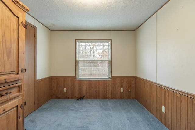 unfurnished room featuring wooden walls, carpet floors, a textured ceiling, and wainscoting
